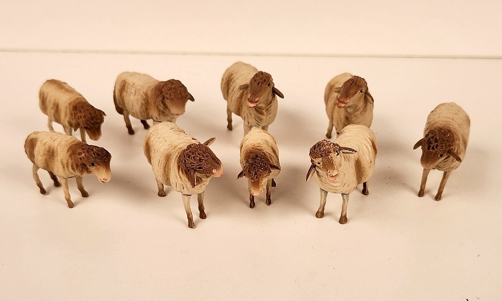Vintage J. Puig Nativity Animals Sheep 9 Piece Set Spain Hand Painted