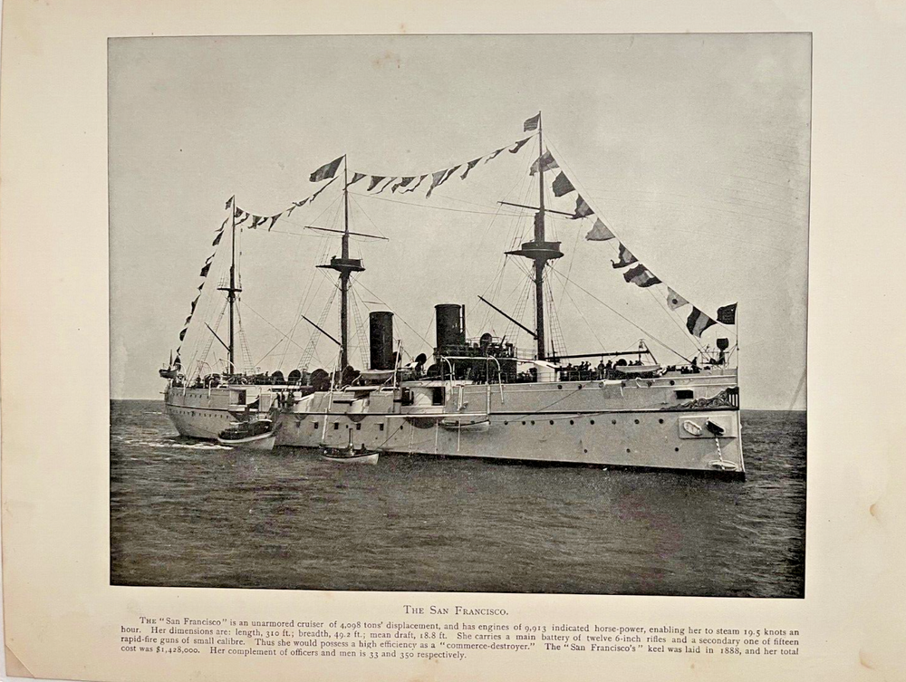 1898 Vintage Illustration Unarmored Cruiser San Francisco Spanish War