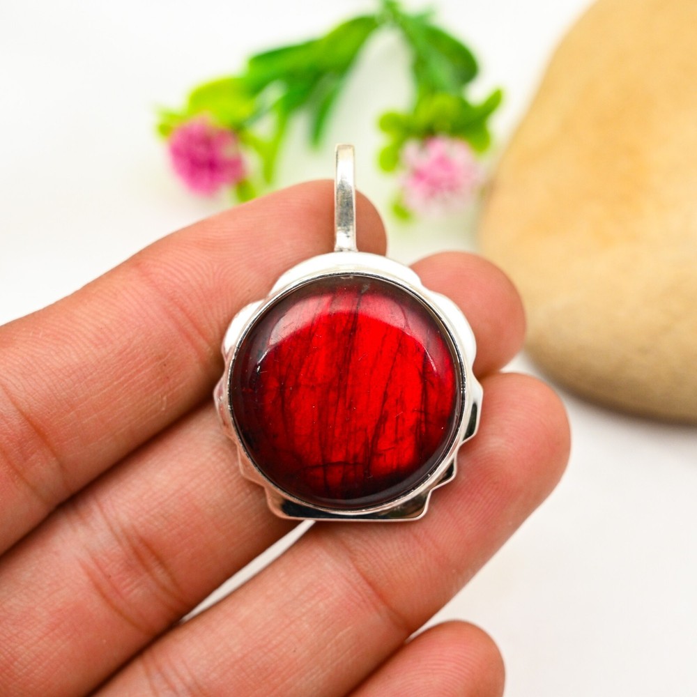 Red Flash Labradorite Pendant in 925 Sterling Silver Handmade Jewelry Gift
