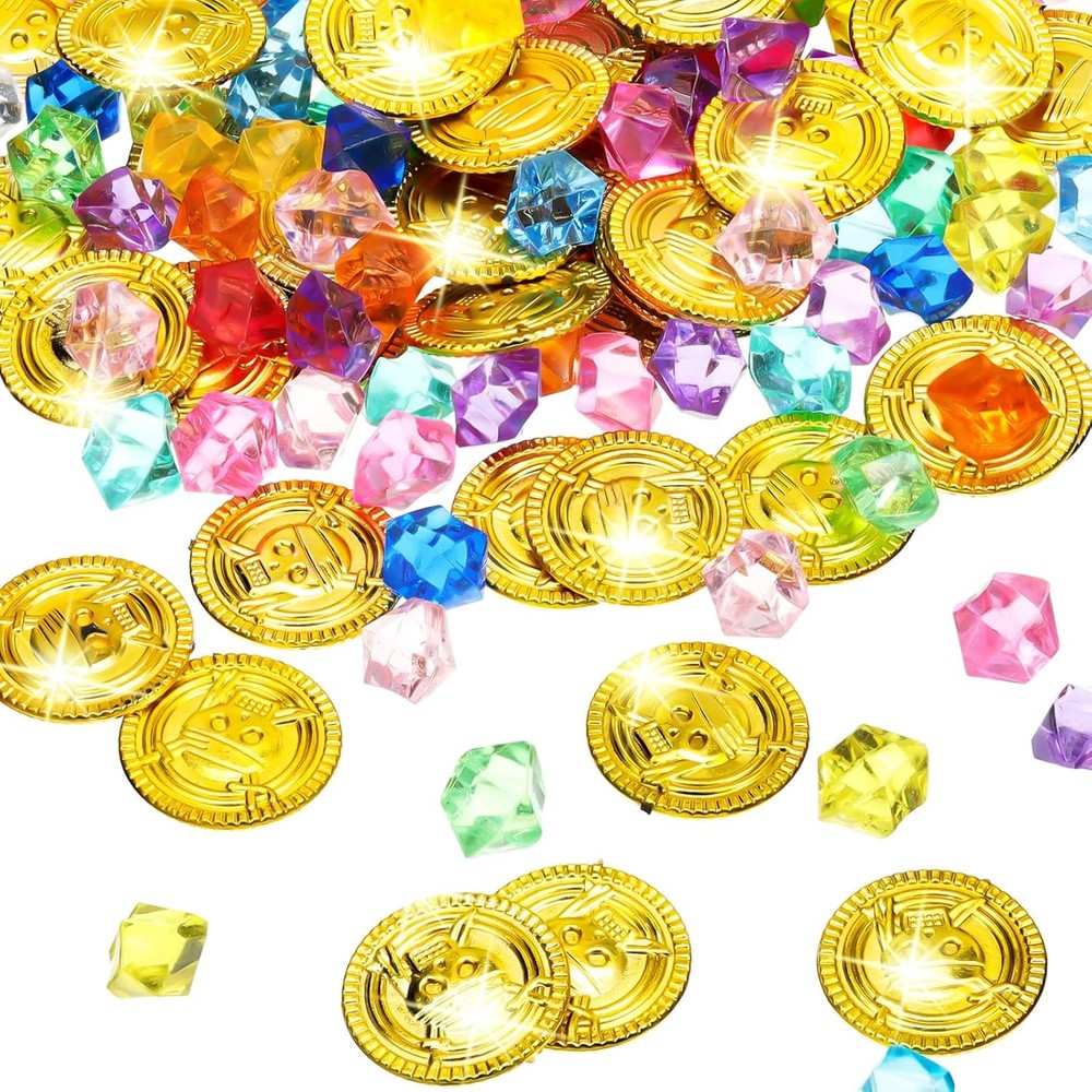 Hanaive 150 Pcs Plastic Pirate Gold Coins Acrylic Colored Gems Fake Gems...