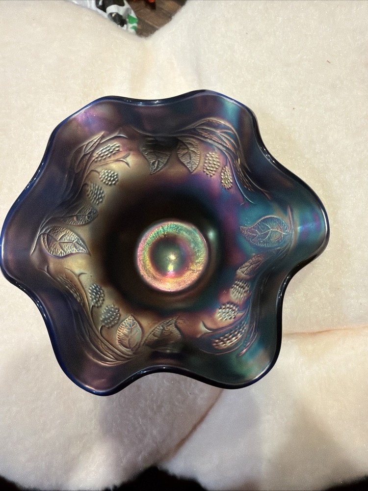 FENTON Blackberry Spray Cobalt Blue Carnival Glass Vase