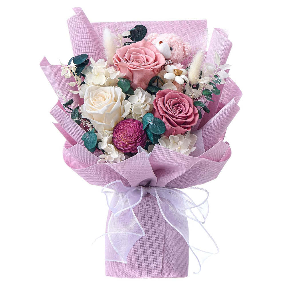 Forever Flower Bouquet Purple Flower Bouquet Preserved Roses with Bear Gift Box