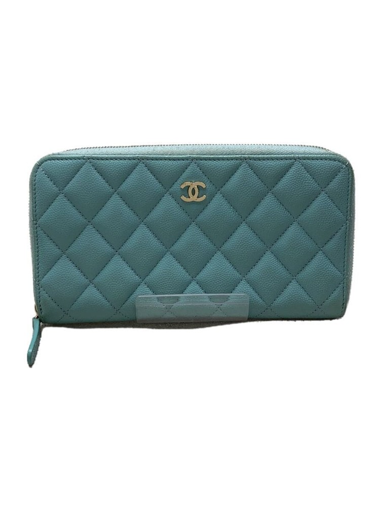 CHANEL Zip Around Long Wallet Matelassé Caviar Leather CC Blue Pre-Loved