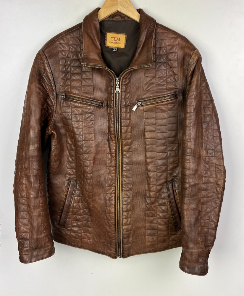 Men's Brown Real Leather Biker Jacket - Cafe Racer Style XL (Fits Like L)