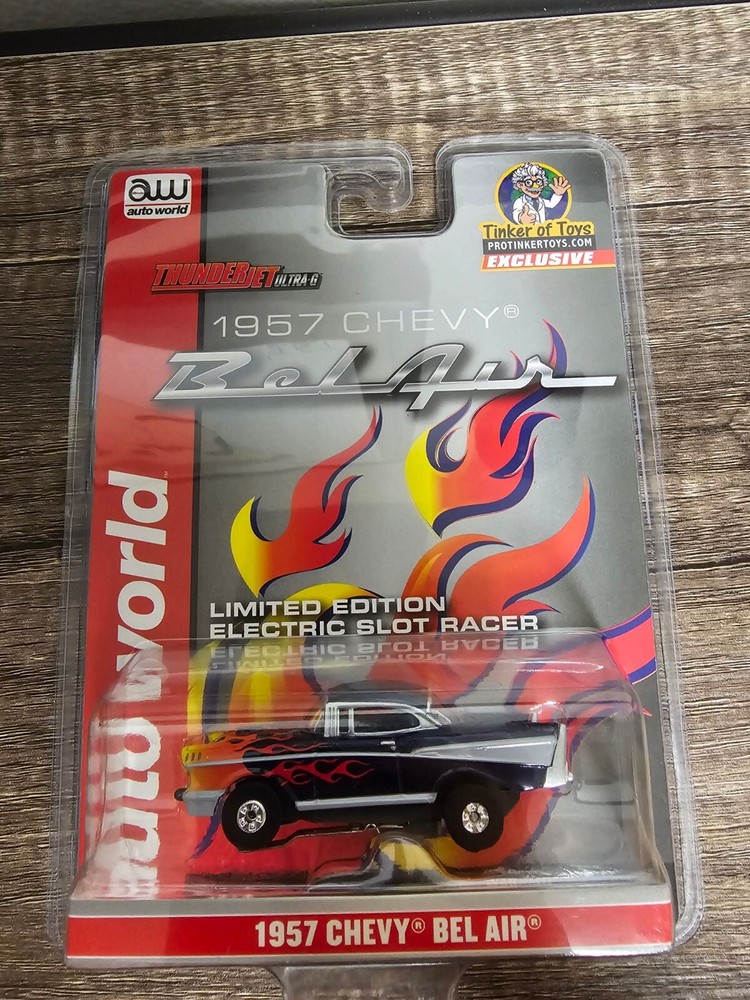 Autoworld HO Slot Car New 1957 Chevy Bel Air Blue Red Flames