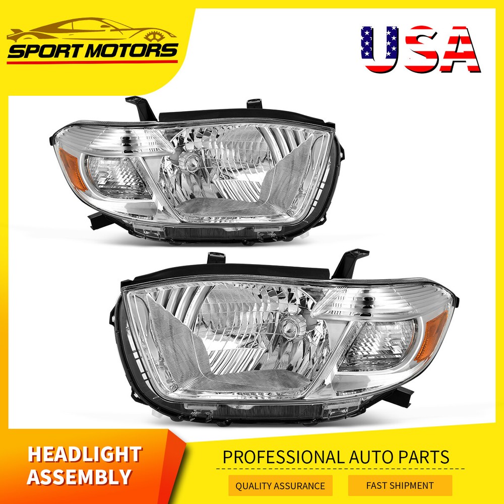 Headlights Assembly for 2008-2010 Toyota Highlander Chrome Housing Headlamps Set