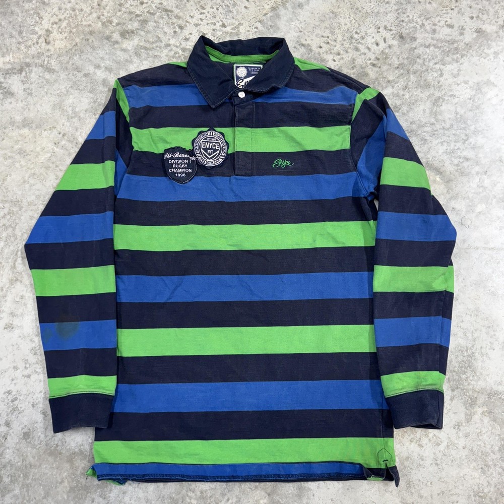 Enyce Rugby Shirt Mens XL Blue Green Stripe Long Sleeve Jersey Patch Champion