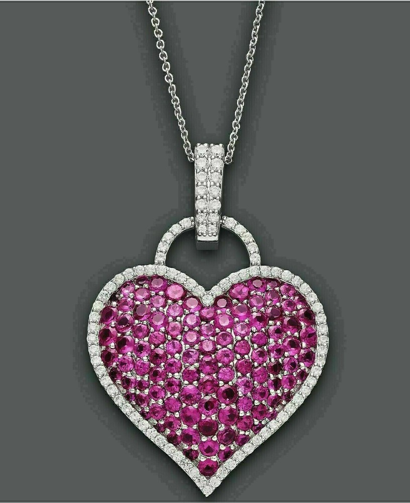 2Ct Round Pink Simulated Ruby Heart Pendant in 14K White Gold Plating
