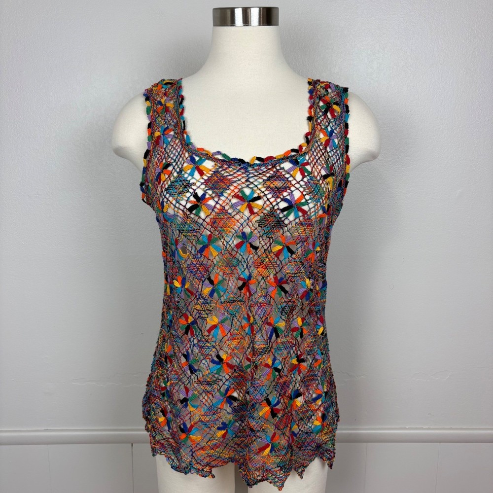 Boho Crochet Rainbow Mesh Tank Top Size M Floral Fishnet Colorful Hippie