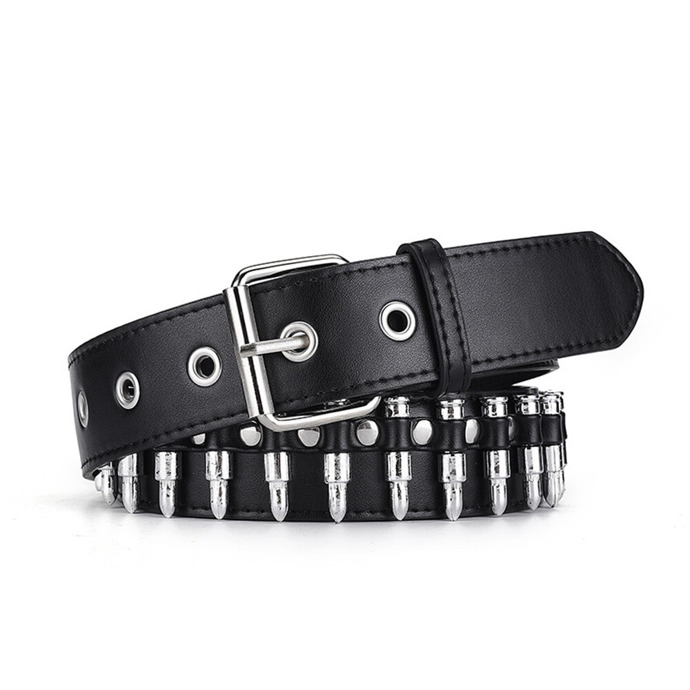 Men Women Punk Rock Belt Rivets Studded Black Bullet Gothic Biker PU Leather