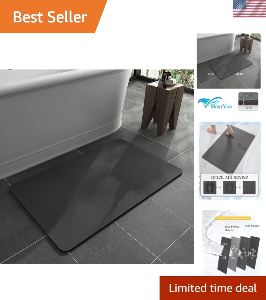 Quick Dry Rectangular Bath Mat 16x24 in Dark Grey with Faux Suede and Non-Slip Rubber Backing