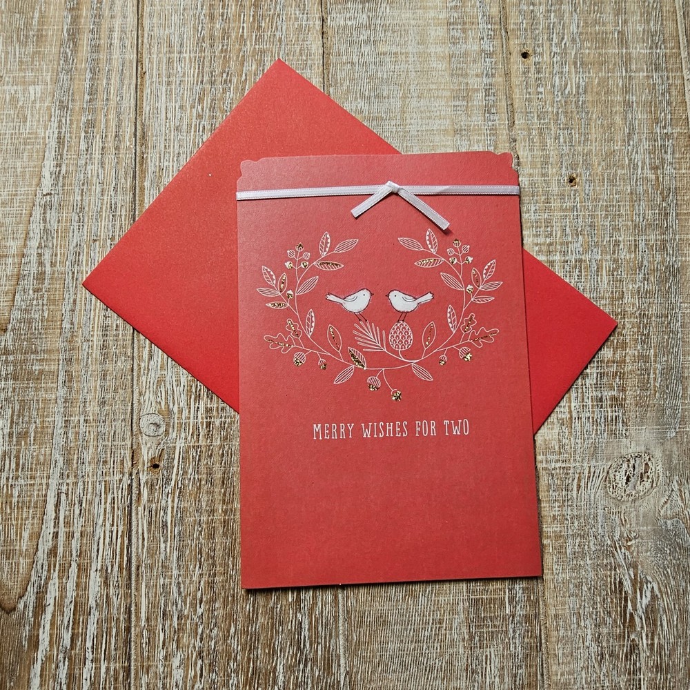 Christmas Greeting Card with White Doves Red Floral Ribbon Design  