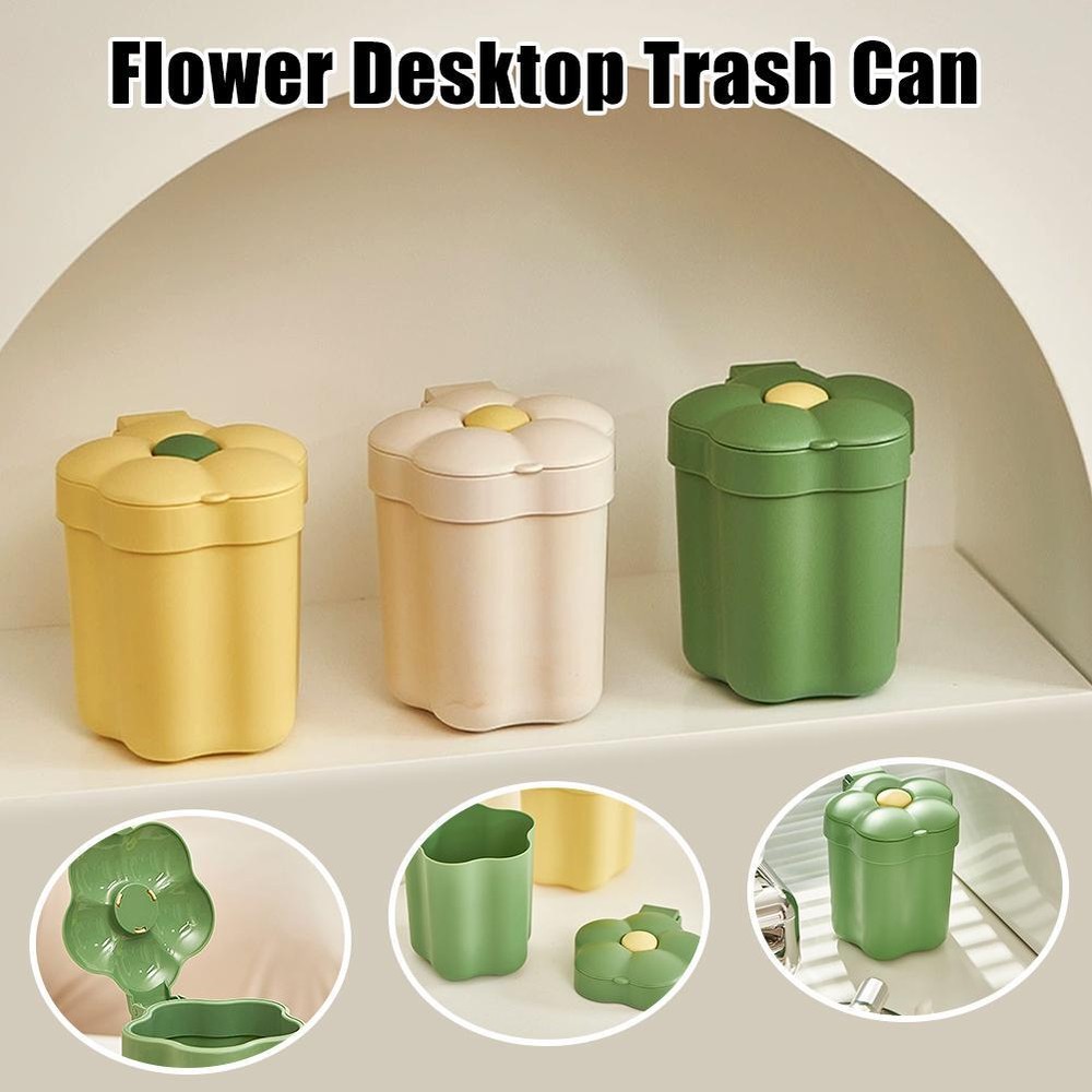 Mini Countertop Trash Can Plastic Flower Shape Lid Desktop Garbage Bin T7N7