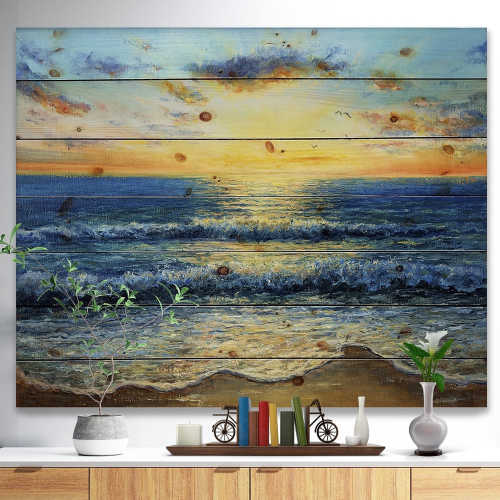 Designart 'Ocean And Waves At Sunrise' Nautical & Coastal Wood Wall Art Panels