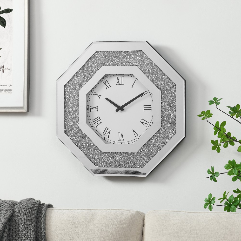 Octagonal Wall Clock Silver Mirror Faux Crystal Diamond Accent Modern American
