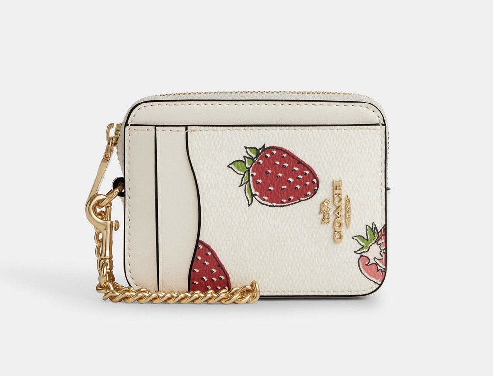 Coach CAR32 Strawberry Print Zip Card Case in Chalk Multi NWT