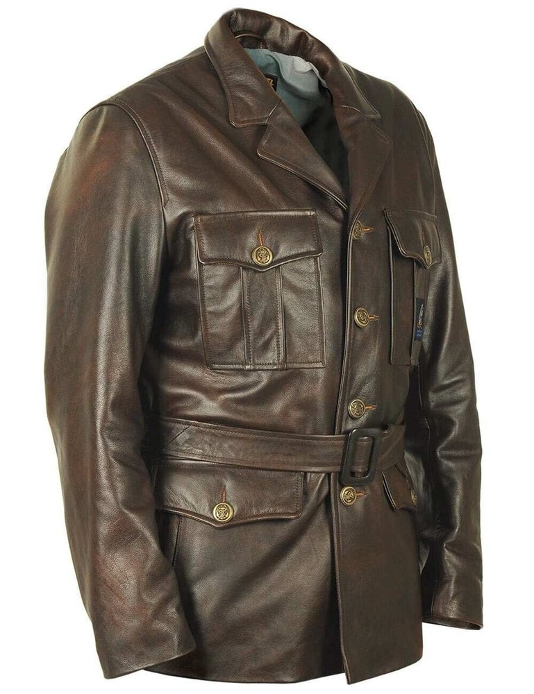 Men's Brown Genuine Cowhide Leather Pea Coat with Multiple Pockets