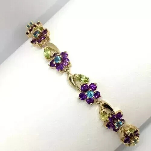 7Ct Round Lab-Created Amethyst Flower Tennis Bracelet 14K Yellow Gold Plated 7