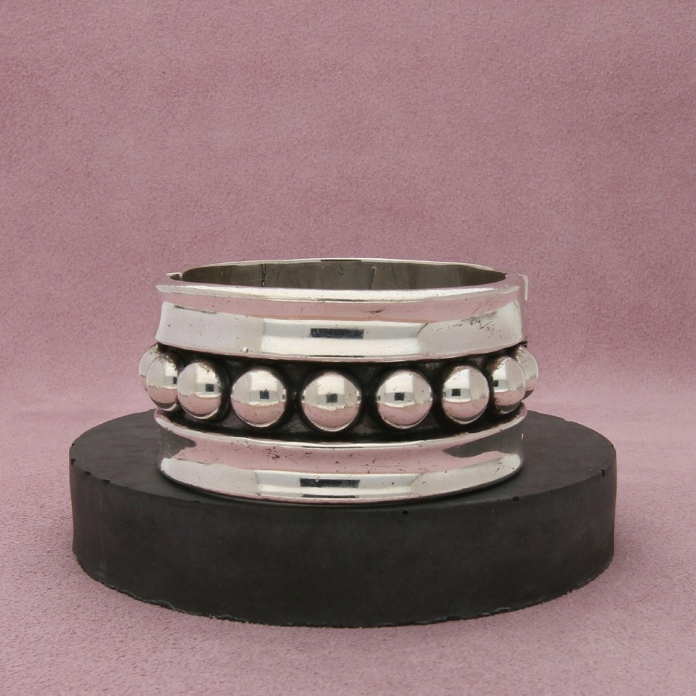 Vintage Taxco Mexico Sterling Silver Beaded Clamper Bangle Bracelet 7.25in