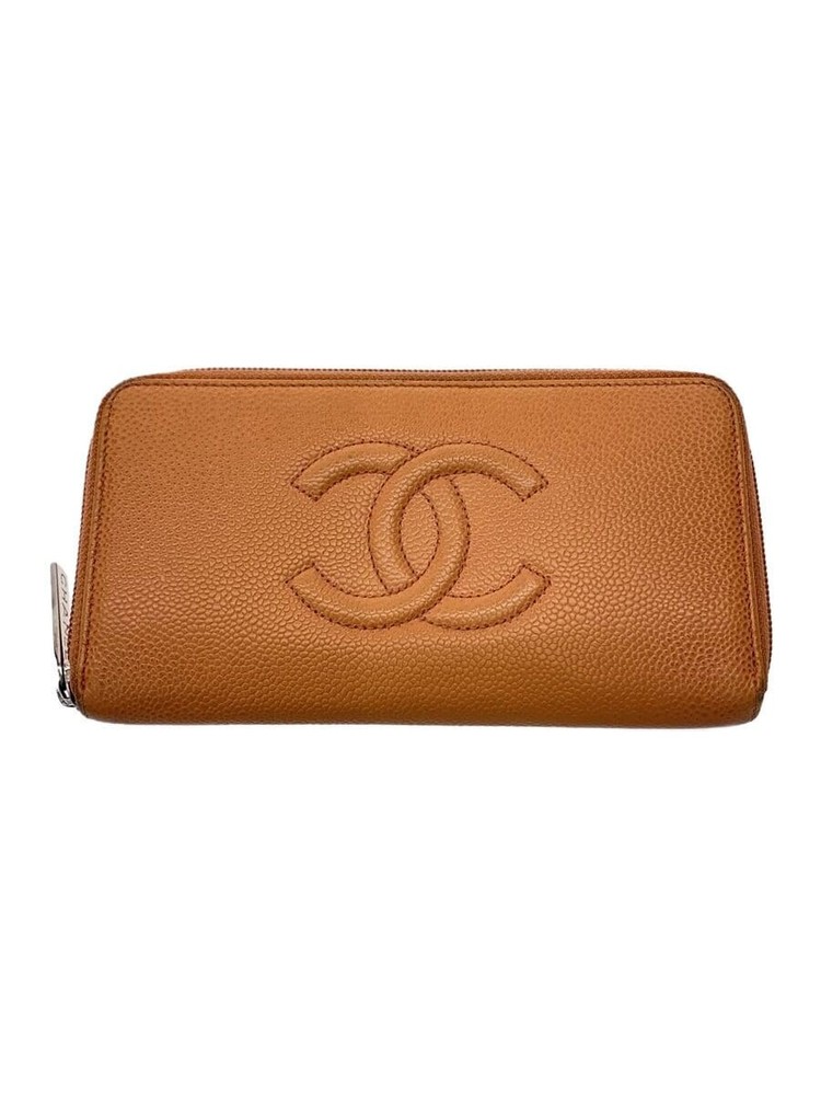 Vintage CHANEL Orange Caviar Leather Zip Around Long Wallet