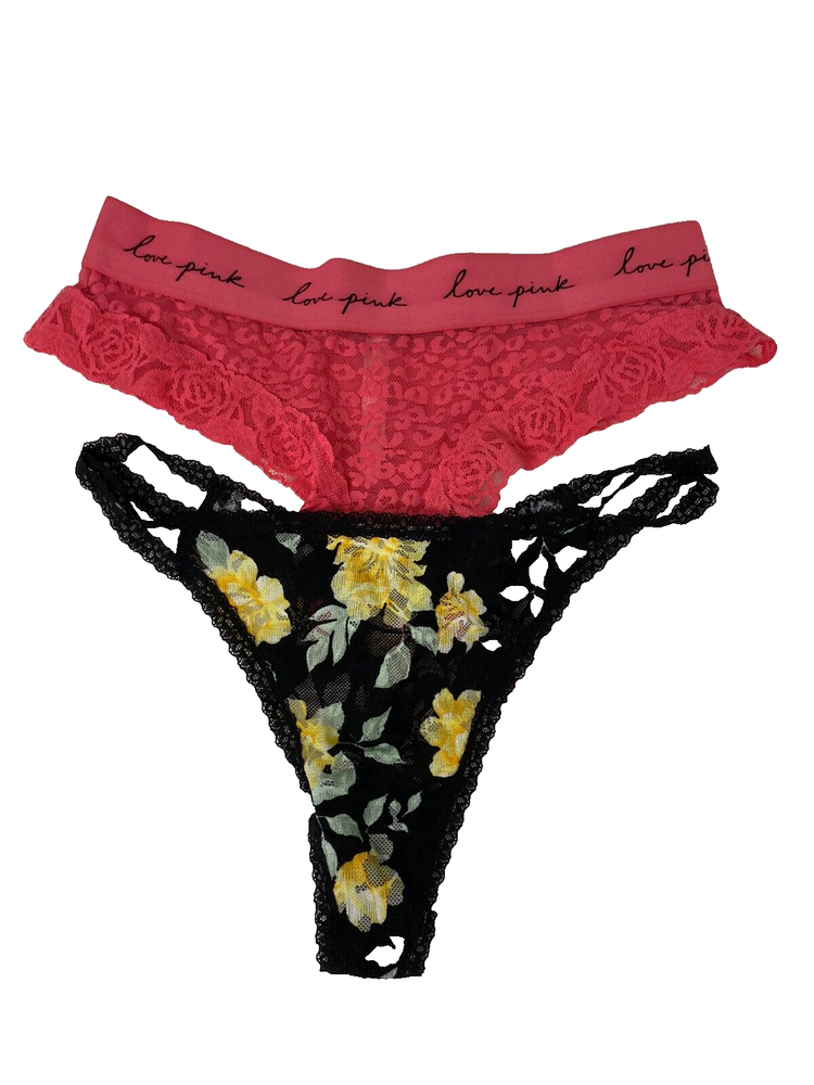 2 PINK Floral Lace Strappy Thong Panty Multicolor Floral Size S/M