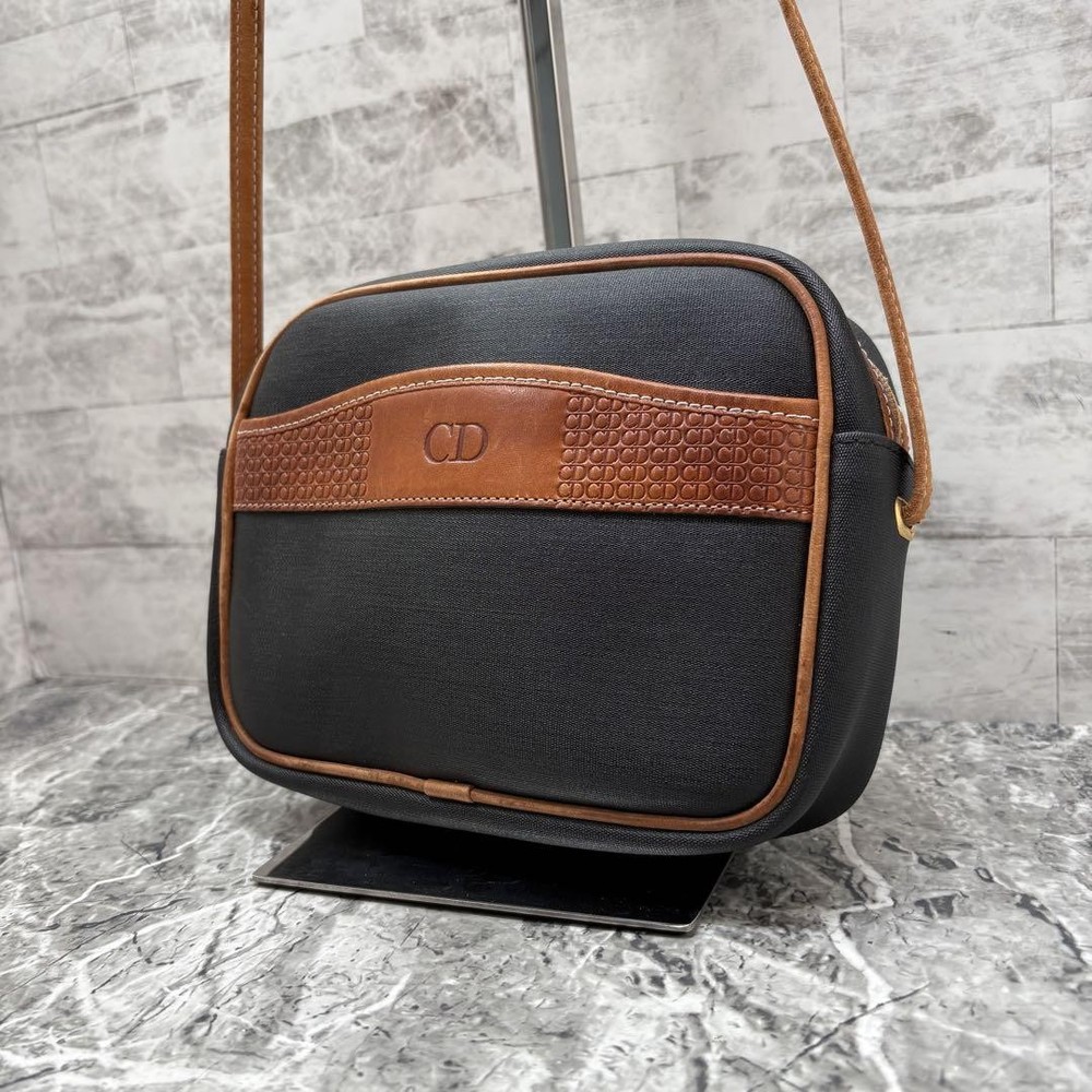 Vintage Christian Dior Black Leather & Canvas Crossbody Bag 13.5x18cm