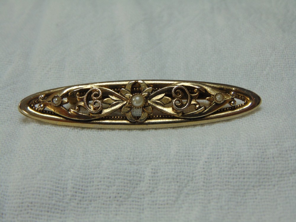 vintage gold plated seed pearls ornate bar pin brooch