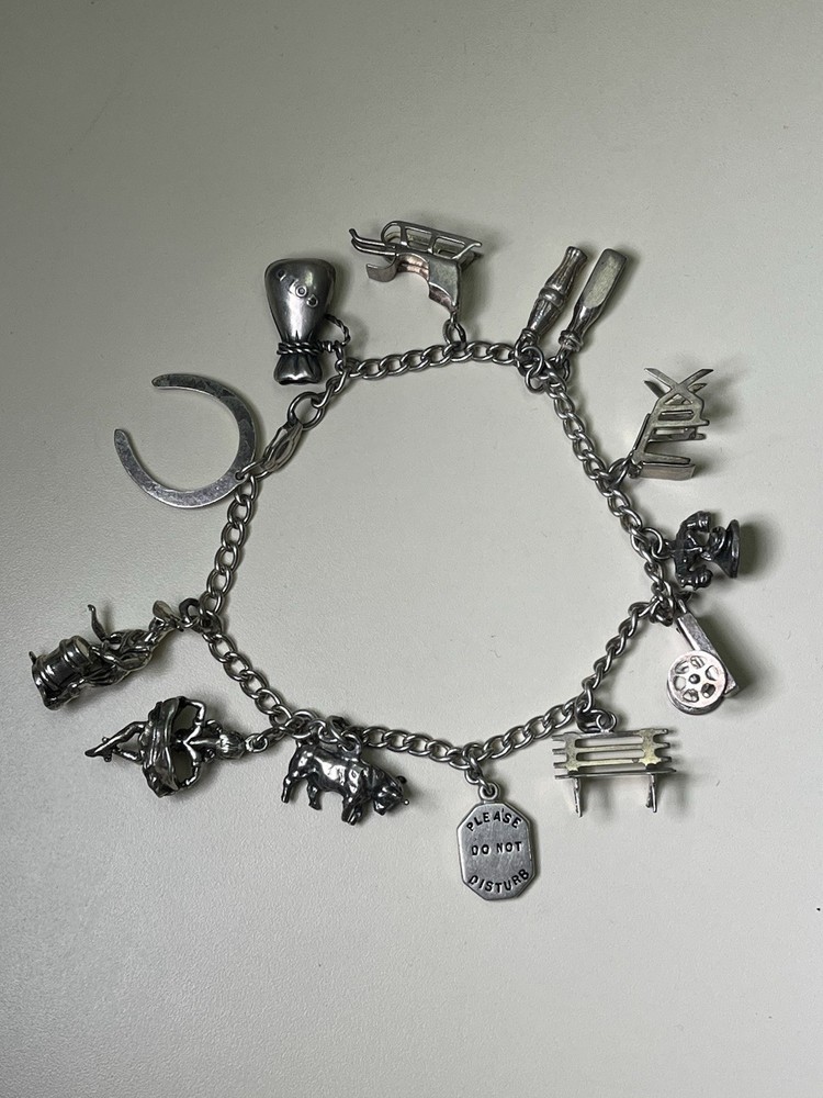 Vintage Sterling Silver Chain Bracelet & Various Charms, 7.5”, 30.1 g