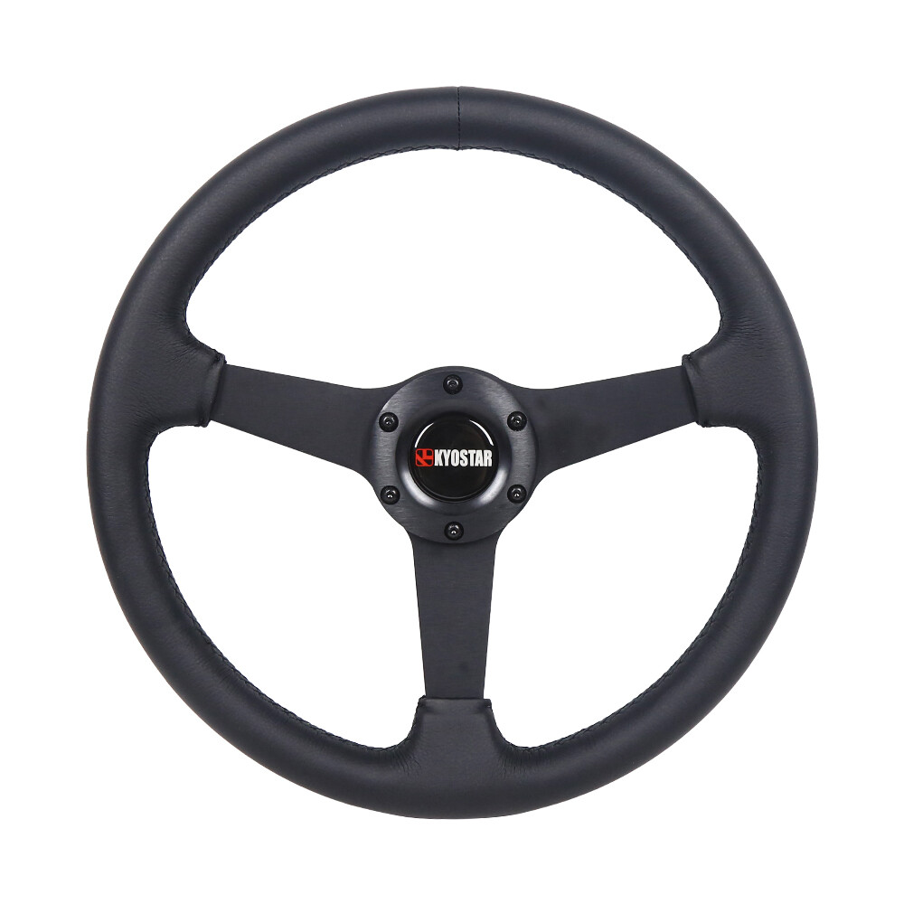 350mm 13.78inch Leather 6-Bolt Universal Black Flat Racing Sport Steering Wheel