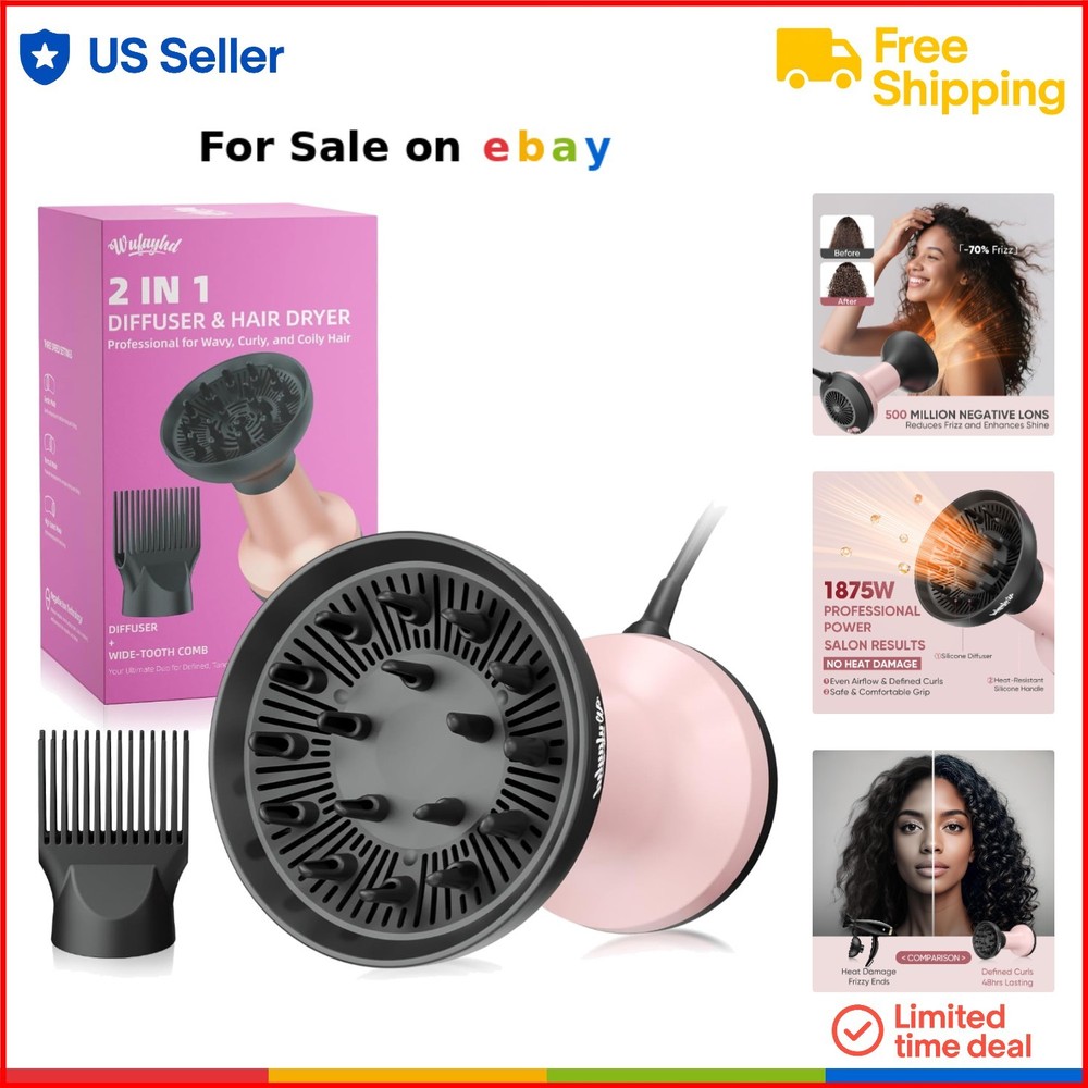 2-in-1 Diffuser Hair Dryer Curly Hair 1875W Ionic Fast Dry Reduce Frizz