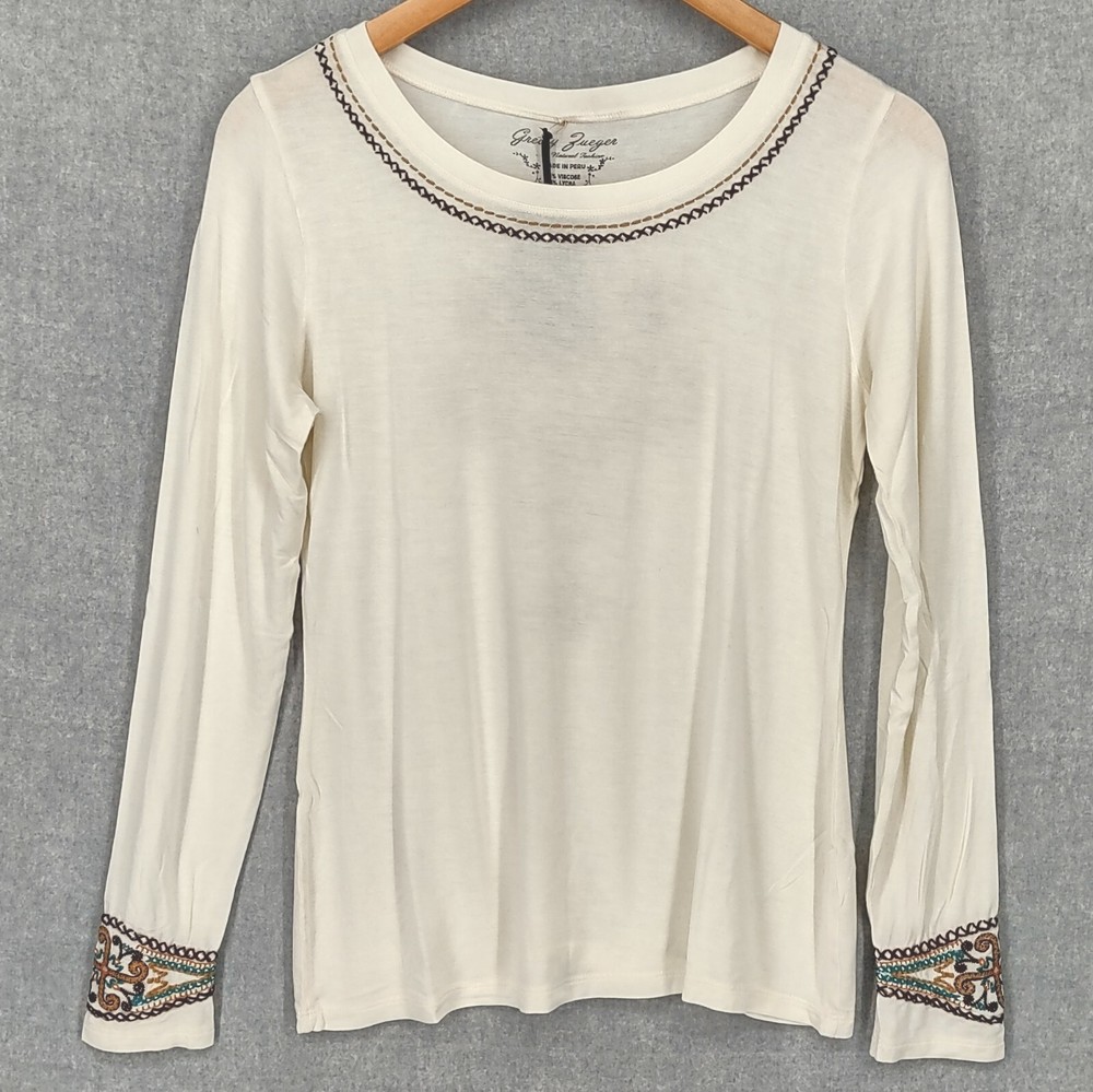 Gretty Zueger Women Medium Ivory Bohemian Embroidered Western Long Sleeve Top