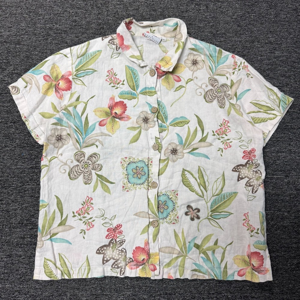 HOT COTTON Lagenlook LINEN Marc Ware Floral Summer Top Shirt Womens L Hawaiian