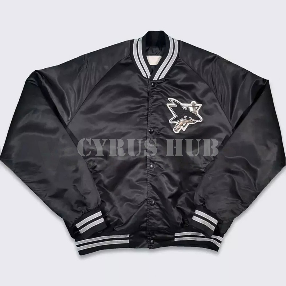 San Jose Sharks Varsity Bomber Jacket - 90s Letterman Style Black Satin Design