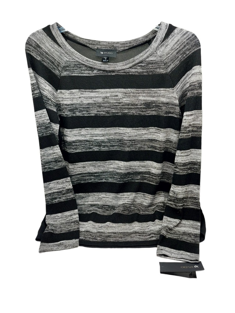 AB Studio Ladies Black Grey Striped Sweater Sheer Back Size Medium High low NWT