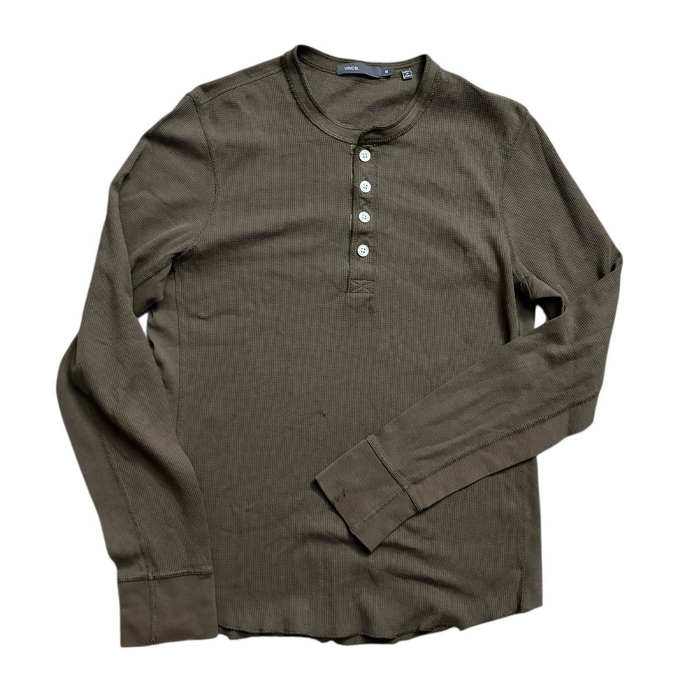 Vince Shirt Mens Size Medium Dark Olive Wafer Knit Henley Shirt Long Sleeve Slim