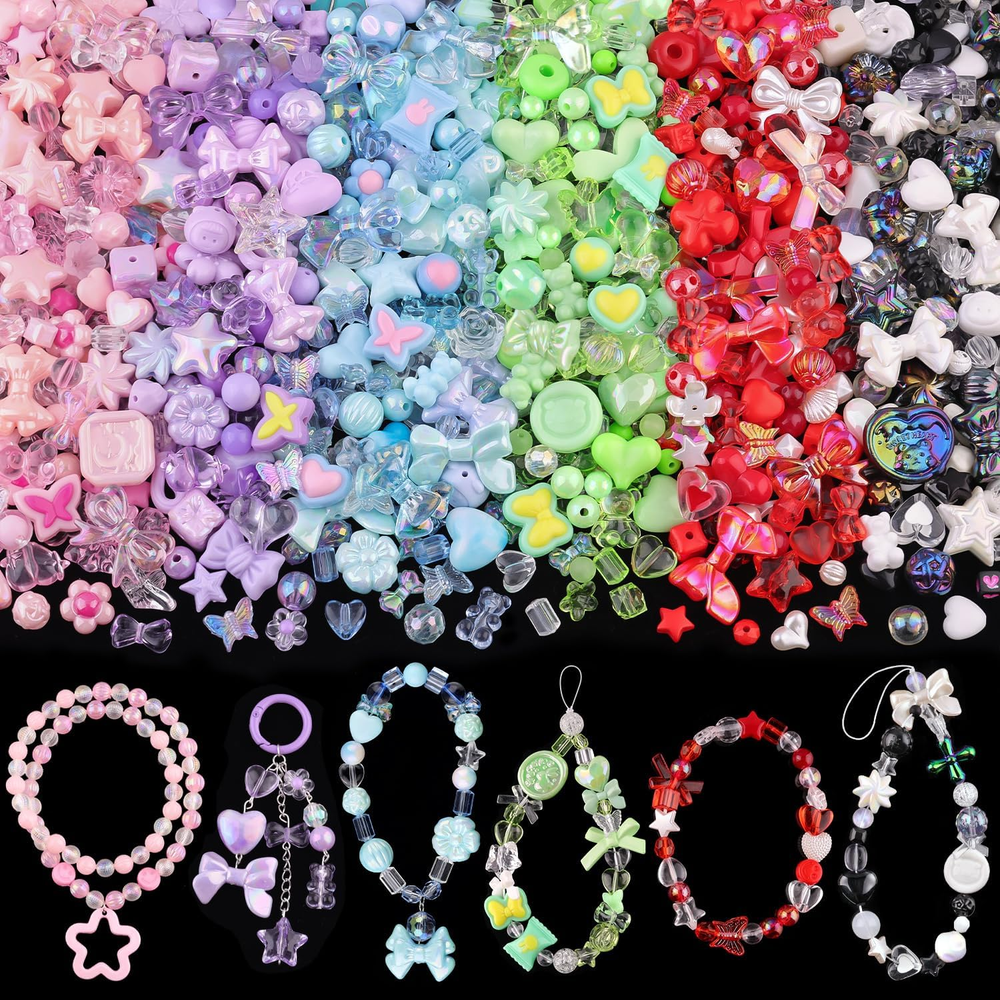 260PCS 6 Mixed Colors Assorted Acrylic Cute Beads for Bracelet Making,Gummybear