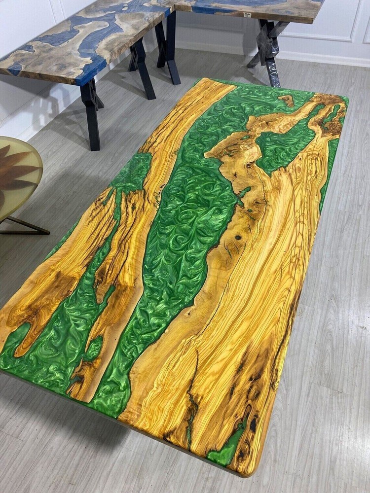 Green Epoxy Live Edge Wooden Dining Table Top Christmas Eve Sale Furniture Decor-image