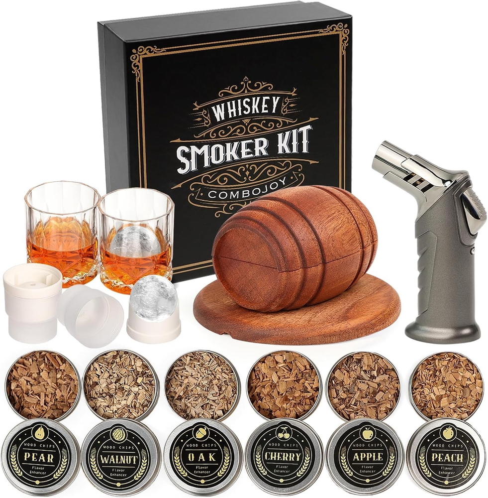 Whiskey Smoker Kit with Torch 6 Wood Flavors 2 Glasses 2 Ice Ball Molds