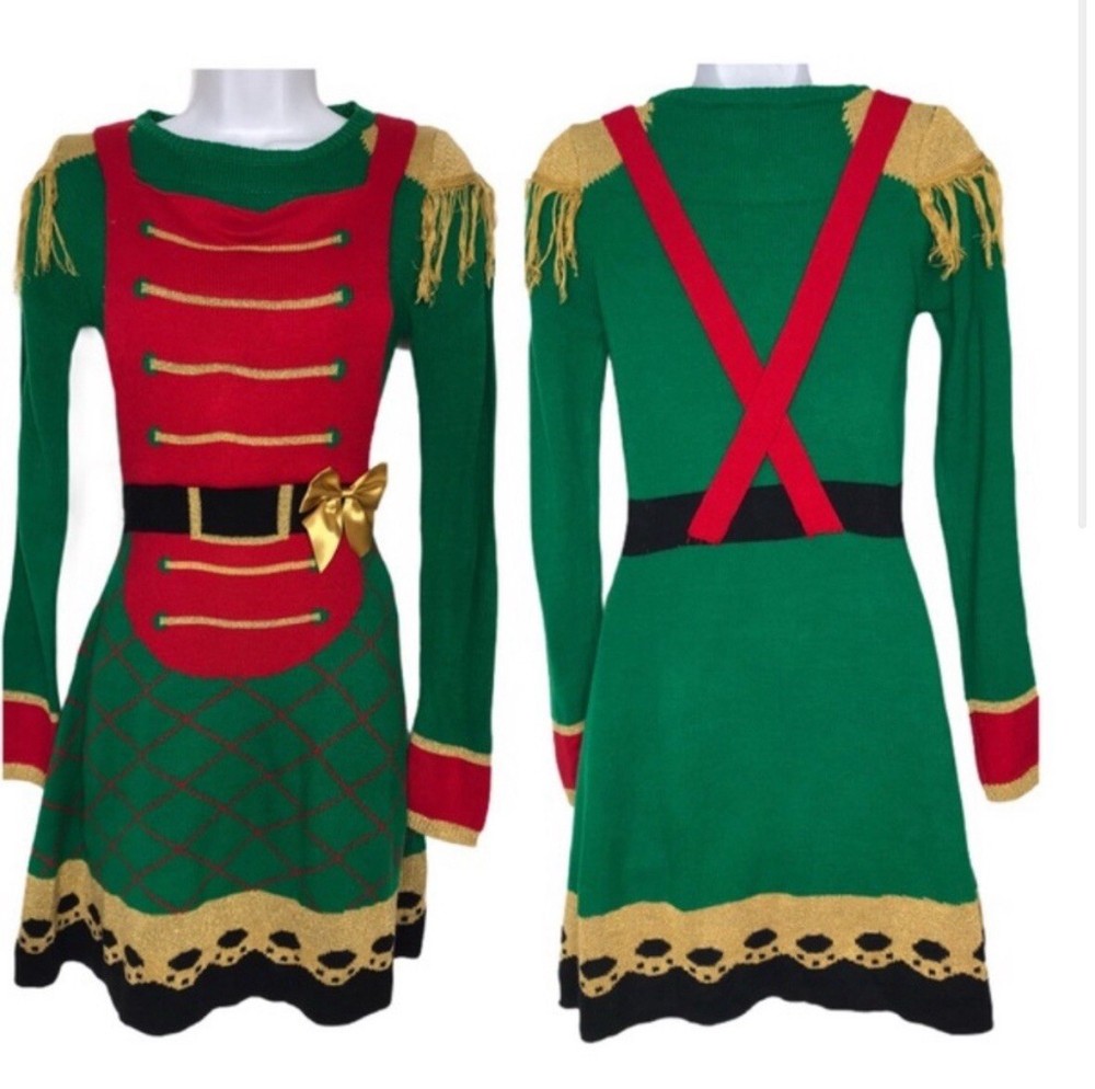 Born Famous Christmas Holiday Sweater Dress Nutcracker Toy Soldier Size XS