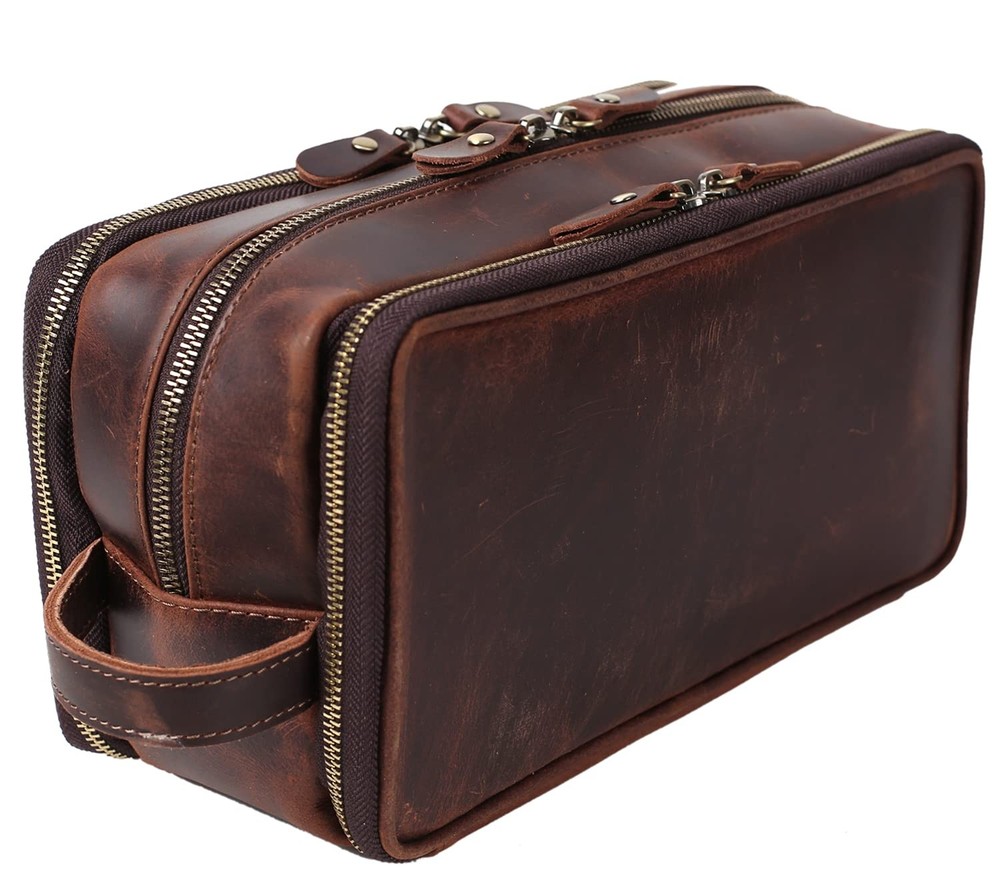 Personalized Mens Leather Travel Toiletry Bag Large Shaving Dopp Kit
