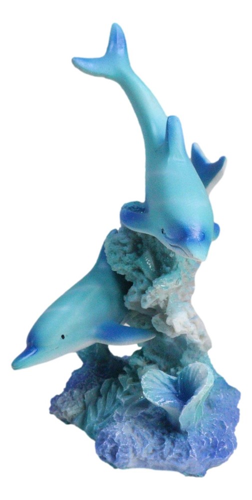 Marine Life Ocean Two Blue Dolphins Swimming Around Coral Reef Statue Sea World