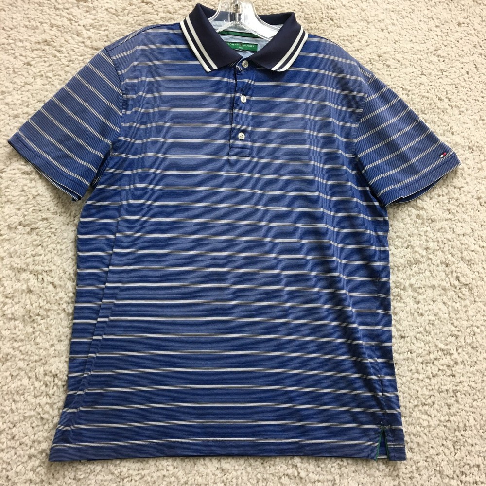 Tommy Hilfiger Mens Blue Striped Polo Shirt Medium Short Sleeve Golf Top