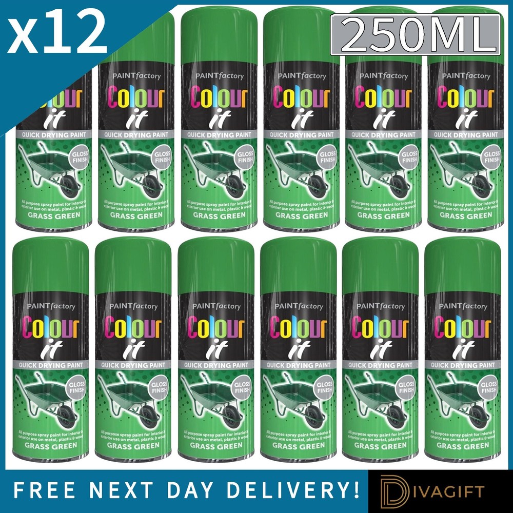 12 x GRASS GREEN GLOSS FINISH SPRAY PAINT 250ML MULTI-PURPOSE METAL PLASTIC WOOD