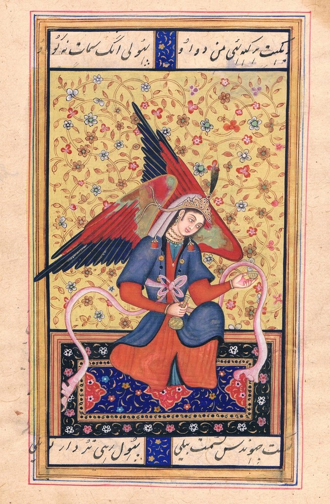 Persian Miniature Angel Seated on Carpet Bukhara 6.5x9 Inches Art
