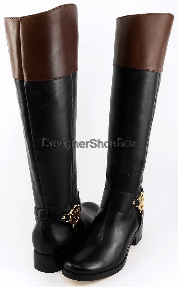$325 MICHAEL MICHAEL KORS FULTON Black Brown Leather Designer Tall Boots 5.5