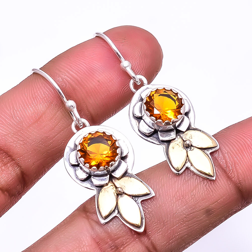 Citrine Gemstone 925 Sterling Silver Two-Tone Flower Earrings 1.64