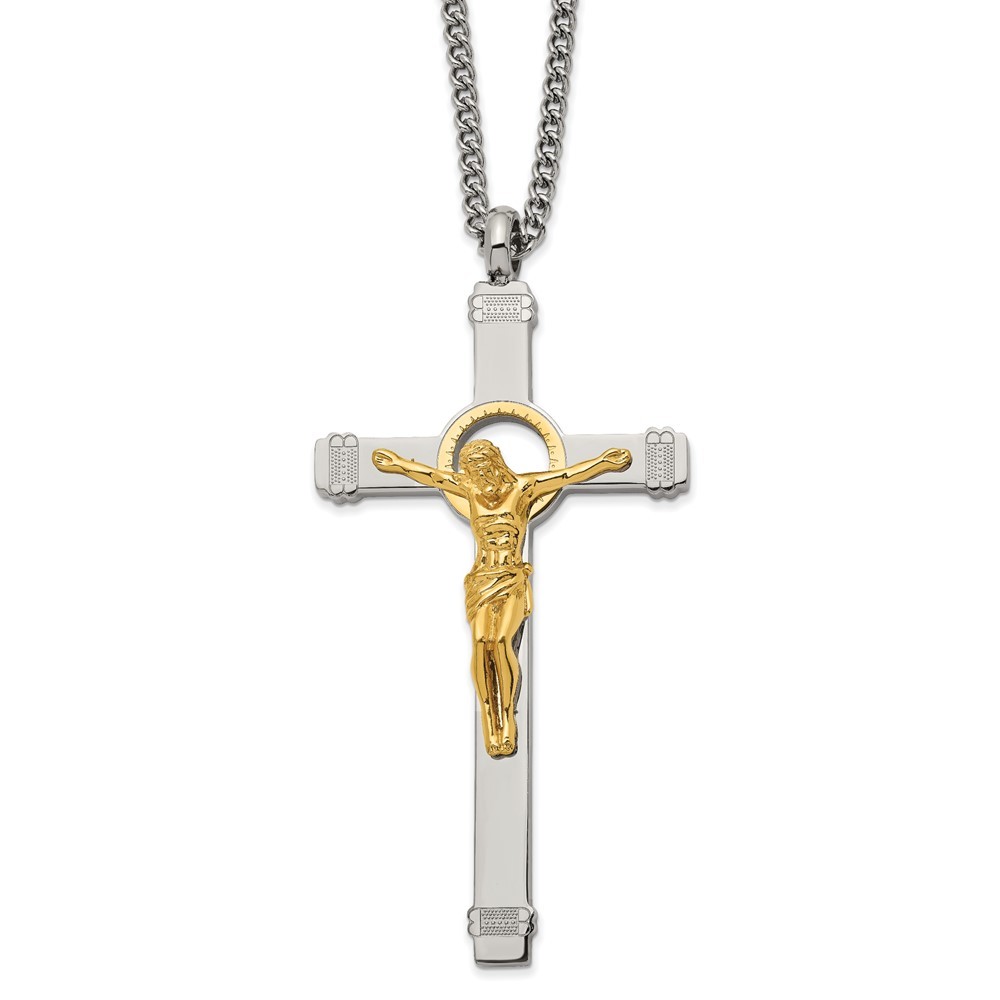 Stainless Steel Yellow IP Crucifix Pendant with 24 Inch Curb Chain