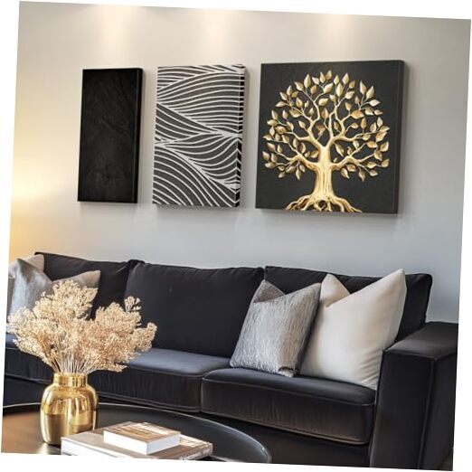 Wall Art, Large Black and White Gold Abstract Canvas Wall Art for Tree of Life