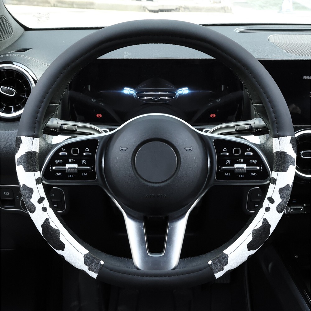 Universal Black Cow Print Leather Steering Wheel Cover Car Accessory