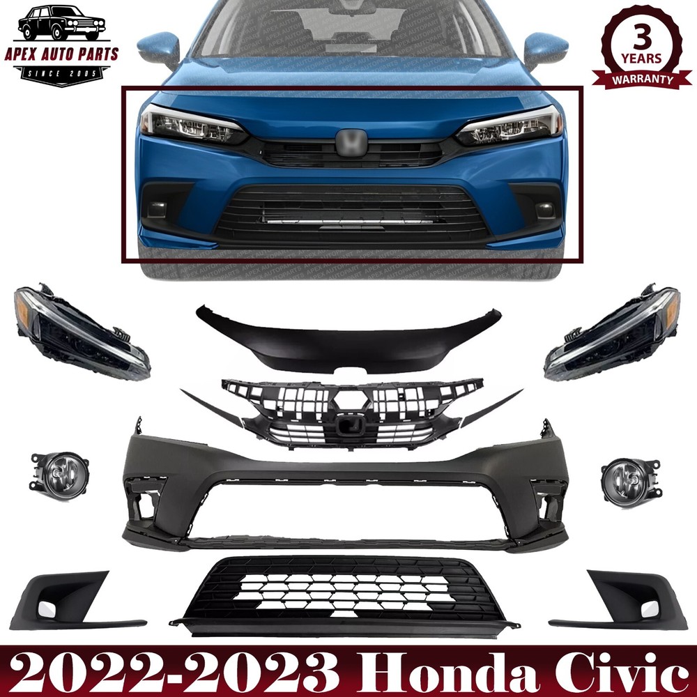 Front Bumper Cover Primed & Headlight Assembly Kit For 2022-2023 Honda Civic